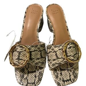 A New Day Snakeskin Mules with Gold Buckle
